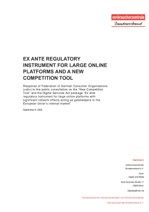 Ex ante regulatory instrument for large online plattforms and a new competition tool | Feedback of vzbv | 8 September 2020