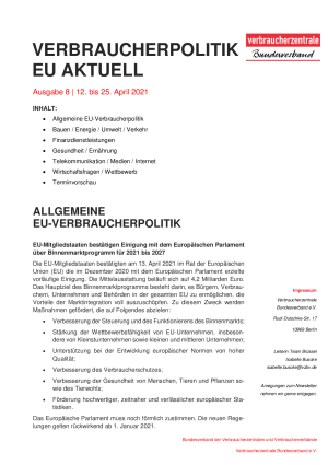 Newsletter Verbraucherpolitik EU aktuell 08/2021
