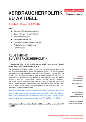 Newsletter Verbraucherpolitik EU aktuell 09/2021