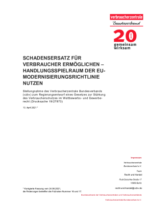 Schadensersatz für Verbraucher ermöglichen - Handlungsspielraum der EU-Modernisierungsrichtlinie nutzen | April 2021