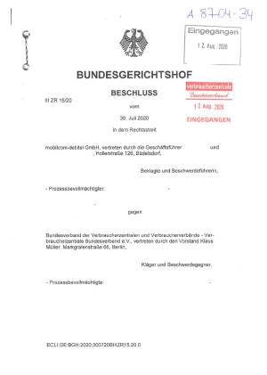Beschluss des BGH vom 30.07.2020 (Az. III ZR 15/20)