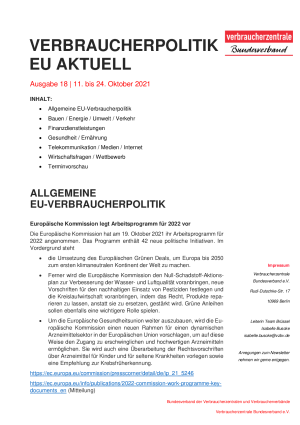 Newsletter Verbraucherpolitik EU aktuell 18 / 2021