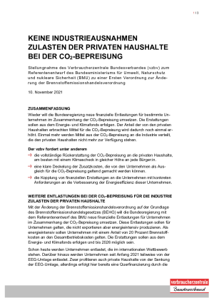 Keine Industrieausnahmen zulasten der privaten Haushalte bei der CO2-Bepreisung | Stellungnahme des vzbv | November 2021