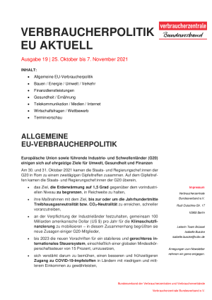 Newsletter Verbraucherpolitik EU aktuell 19 / 2021