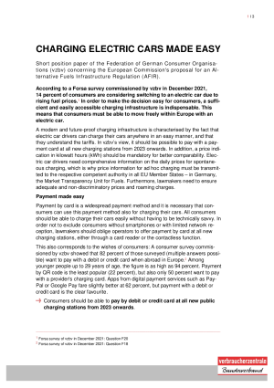 Charging electric cars made easy | Short position paper of the Federation of German Consumer Organisations (vzbv) | December 2021
