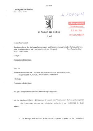 Netflix Preiserhöhung | Urteil des LG Berlin | Az. 52 O 157/21 | 16. Dezember 2021