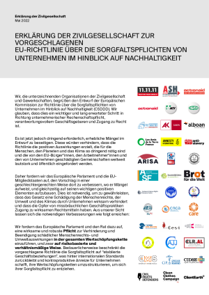 Erklärung der Zivilgesellschaft zur vorgeschlagenen EU-Richtlinie über die Sorgfaltspflichten von Unternehmen im Hinblick auf Nachhaltigkeit