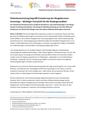 Patientenvertretung begrüßt Erweiterung des Neugeborenen- Screenings – Wichtiger Fortschritt für die Kindergesundheit