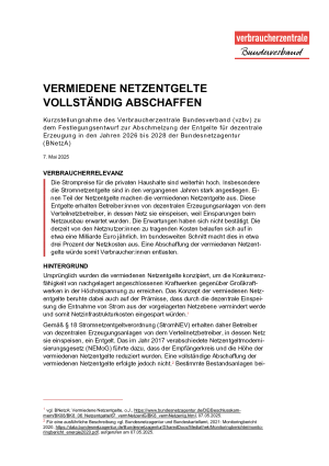 Vermiedene Netzentgelte vollständig abschaffen | Kurzstellungnahme des vzbv | 7. Mai 2025