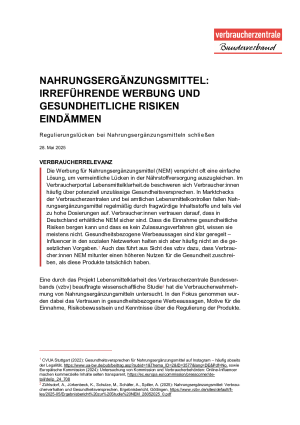 Kurzpapier: Nahrungsergänzungsmittel: Irreführende Werbung und gesundheitliche Risiken eindämmen