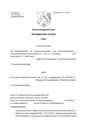 Urteil des Oberlandesgericht Köln vom 10.01.2025; Az. 6 U 62/24 ; 31 O 216/23