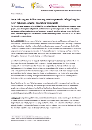 Neue Leistung zur Früherkennung von Lungenkrebs infolge langjäh-rigen Tabakkonsums für gesetzlich Versicherte