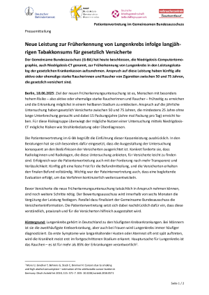 Neue Leistung zur Früherkennung von Lungenkrebs infolge langjäh-rigen Tabakkonsums für gesetzlich Versicherte