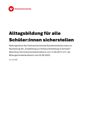 vzbv-Stellungnahme Empfehlung Verbraucherbildung 