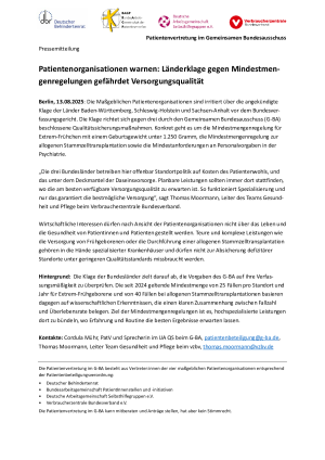 Patientenorganisationen warnen: Länderklage gegen Mindestmen- genregelungen gefährdet Versorgungsqualität