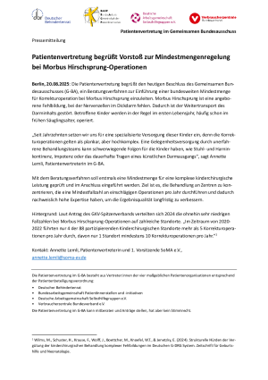 Patientenvertretung begrüßt Vorstoß zur Mindestmengenregelung bei Morbus Hirschsprung-Operationen