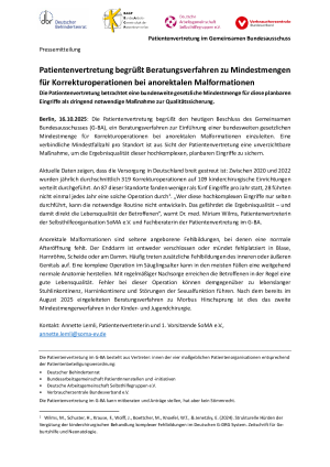 Patientenvertretung begrüßt Beratungsverfahren zu Mindestmengen für Korrekturoperationen bei anorektalen Malformationen