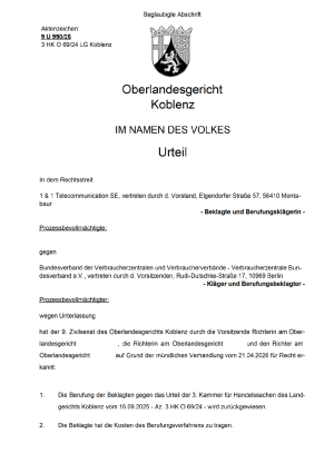 Urteil des OLG Koblenz vom 26.05.2026 (Az. 9 U 990/25) - nicht rechtskräftig