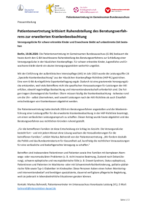 Patientenvertretung kritisiert Ruhendstellung des Beratungsverfahrens zur erweiterten Krankenbeobachtung