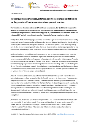 Neues Qualitätssicherungsverfahren soll Versorgungsqualität bei lokal begrenztem Prostatakarzinom transparent machen