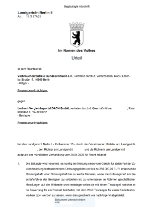 Urteil des LG Berlin II vom 26.05.2026 | 15 O 277/25 | nicht rechtskräftig