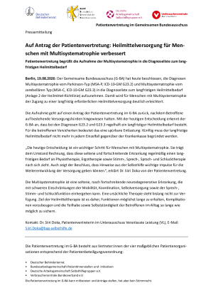 Auf Antrag der Patientenvertretung: Heilmittelversorgung für Menschen mit Multisystematrophie verbessert