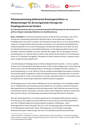 Patientenvertretung befürwortet Beratungsverfahren zu Mindestmengen für die korrigierende Chirurgie der Ösophagusatresie bei Kindern