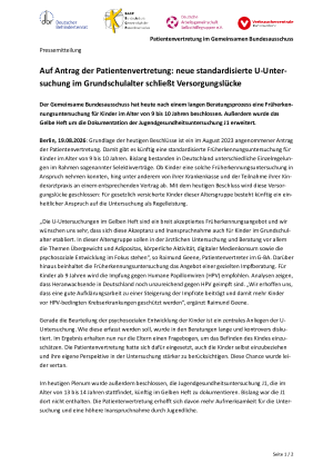 Auf Antrag der Patientenvertretung: neue standardisierte U-Untersuchung im Grundschulalter schließt Versorgungslücke
