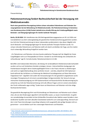 Patientenvertretung fordert Rechtssicherheit bei der Versorgung mit Medizinalcannabis