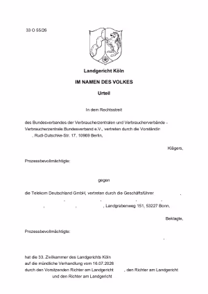 Deutsche Telekfom | Urteil des Landgerichts Köln | 33 O 55/26