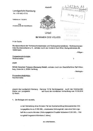 Urteil gegen British American Tobacco| Landgericht Hamburg vom 11. Mai 2016 | Az. 416 HKO 47/16, nicht rechtskräftig