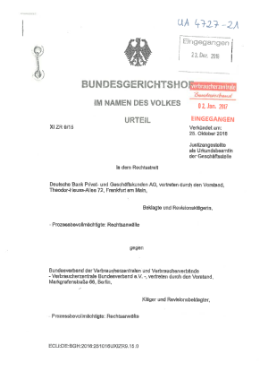 Deutsche Bank Kontoüberziehung | Urteil des BGH | AZ. XI ZR 9/15 | 25.Oktober 2016