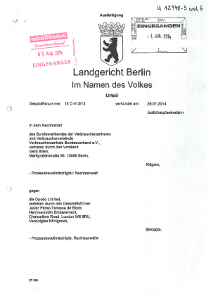Urteil des Landgerichts Berlin vom 29.07.2014 (15 O 413-13) opodo.de - vzbv