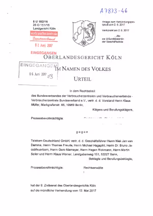 Deutsche Telekom Werbeanrufe | Urteil des OLG Köln (Az. 6 U 182/16), nicht rechtskräftig
