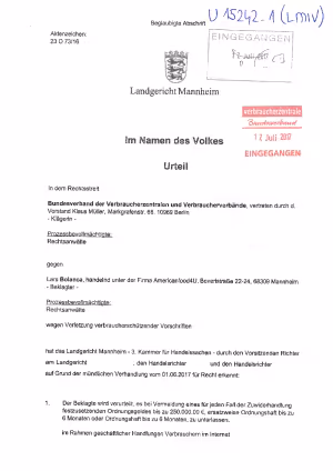 Urteil Landgericht Mannheim americanfood4u.de