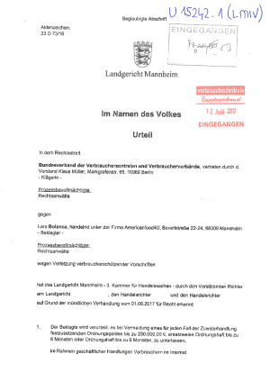 Urteil Landgericht Mannheim americanfood4u.de
