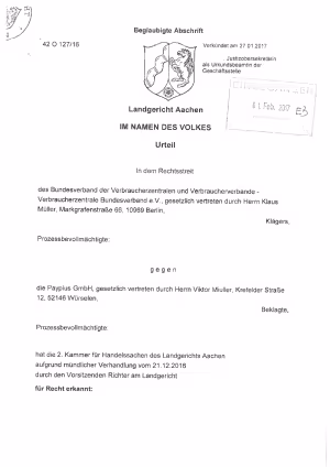 Urteil des Landgerichts Aachen vom 21. Dezember 2016 (42 O 127/16)