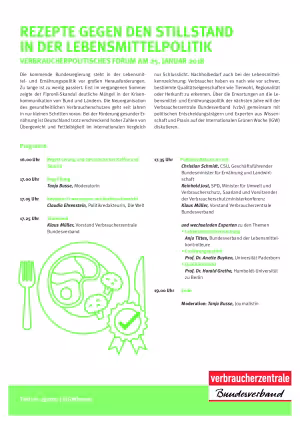 Rezepte gegen den Stillstand in der Lebensmittelpolitik | Programm des Verbraucherpolitischen Forums auf der IGW 2018