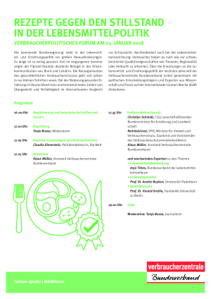 Rezepte gegen den Stillstand in der Lebensmittelpolitik | Programm des Verbraucherpolitischen Forums auf der IGW 2018