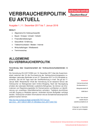 Newsletter Verbraucherpolitik EU aktuell 1/2018