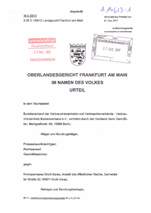 Urteil des Oberlandesgerichts Frankfurt am Main vom 01. Dezember 2017, Az. 10 U 35/13