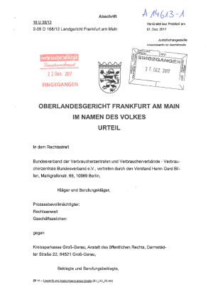 Urteil des Oberlandesgerichts Frankfurt am Main vom 01. Dezember 2017, Az. 10 U 35/13
