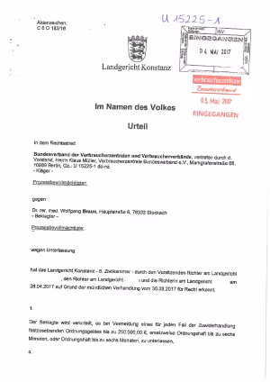 Apovia: Urteil des Landgerichts LG Konstanz | Urteil vom 28.04.2017 | Az. C 6 O 183/16 