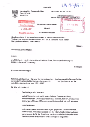 MyCare: Urteil des Landgerichts Dessau-Roßlau | Urteil vom 08.02.2017 | Az. 3 O 42/16