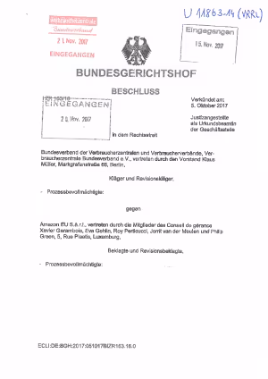 Amazon: Vorlagenbeschluss des BGH | Beschluss vom 15. November 2017 | Az. ZR 163/16