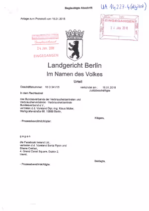 Facebook: Urteil des Landgerichts Berlin | Urteil vom 16. Januar 2018 | Az. 16 O 341/15