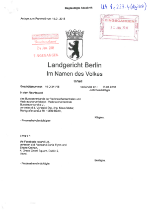 Facebook: Urteil des Landgerichts Berlin | Urteil vom 16. Januar 2018 | Az. 16 O 341/15