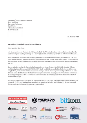 Europäische Upload-Filter-Regelungen verhindern | offener Brief | Feb 2018