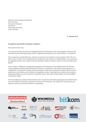Europäische Upload-Filter-Regelungen verhindern | offener Brief | Feb 2018