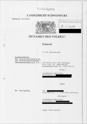 Urteil des Landgerichts Schweinfurth | Az. 14 O 230/03